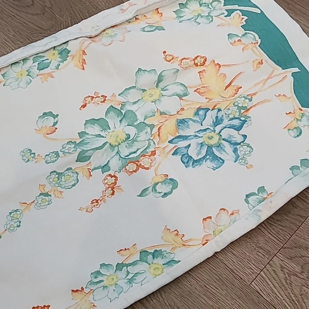 Vintage Floral Table Runner with Teal Blue and Orange Accents